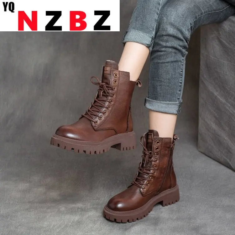 

New Mid Calf Boots Women Autumn Winter Fashion Lace-up Zipper Botas Mujer Boots Sports Platform Heel Ladies Shoes