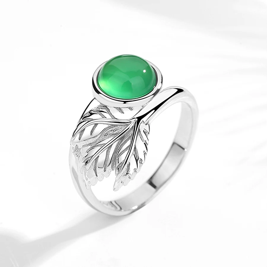 Женское кольцо с драгоценным камнем KALETINE цвет серебро изумруд листья розовый