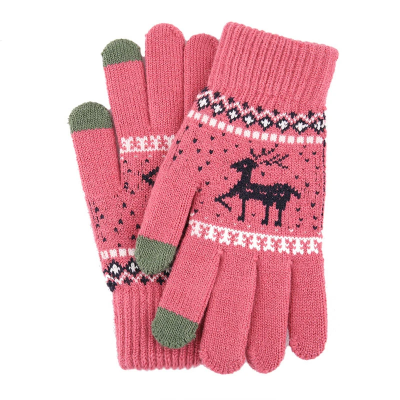 Розово-красный Women NEW Christmas Elk Deer Gloves Knitted Thicken Winter Warm Touch Screen Gloves Full Finger Mittens Red Pink Black Gloves - Цвет: Розово-красный