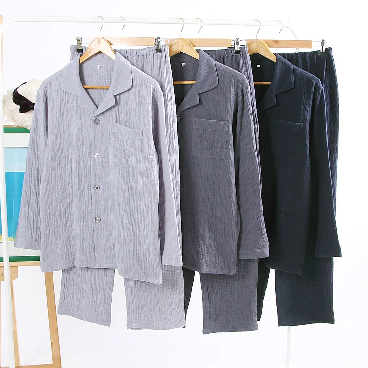 Пижама мужская двойная из крепа и Марли однотонная хлопковая рубашка с длинным