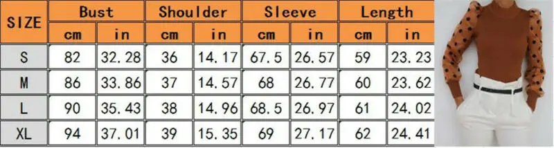 

Women Spring Mesh Puff Long Sleeve Ribbed Knitted Shirt Loose Casual Polka Dots Blouse Tops Elegant Turtleneck Party Clubwear