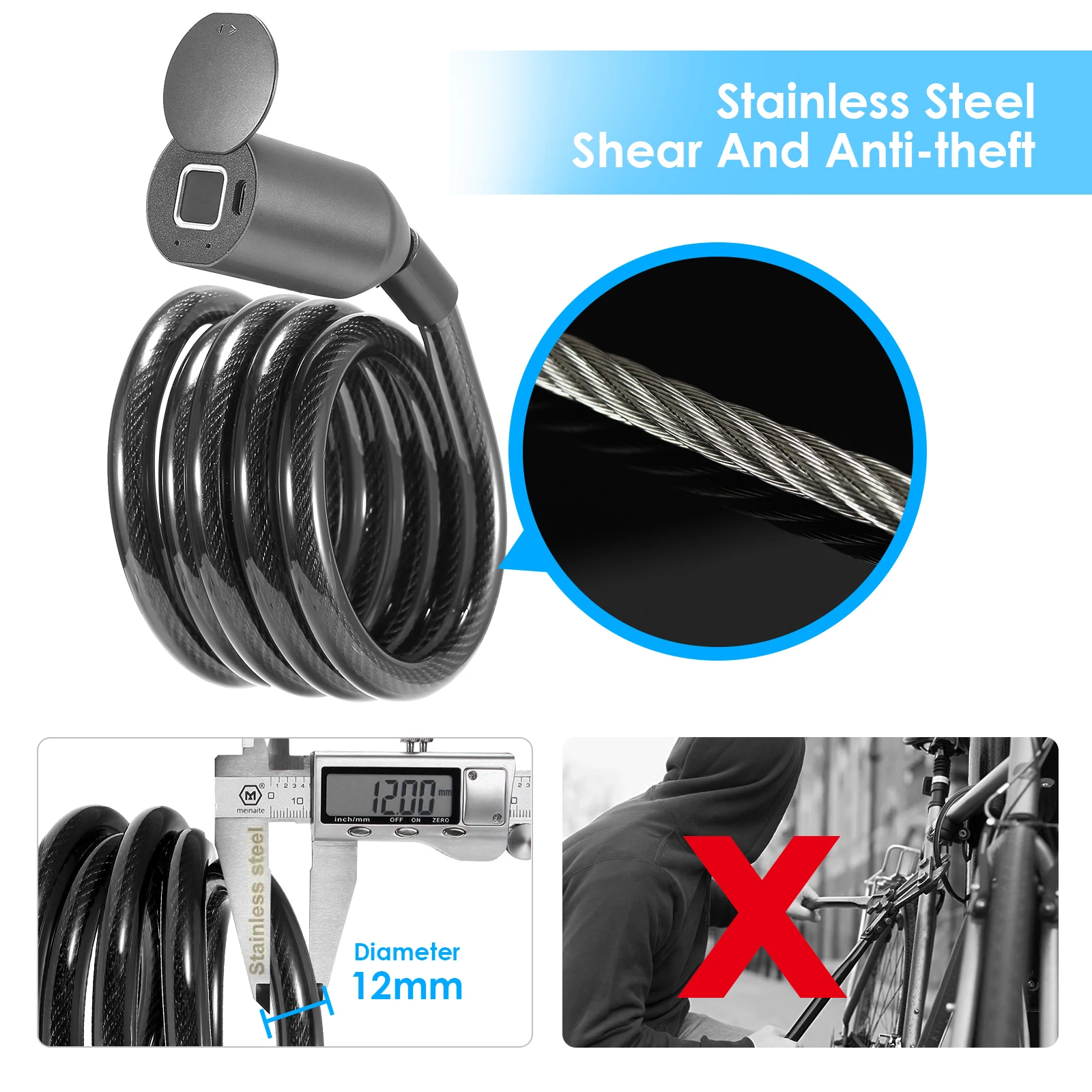 

USB Smart Fingerprint Bicycle Lock Stainless Bicycle Lock Steel Anti Theft Smart Lock USB Waterproof MTB Door Bike Accessories