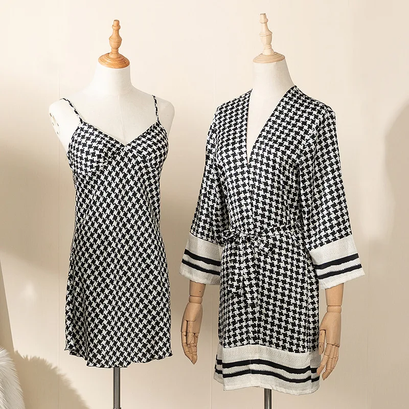 

Loungewear Houndstooth Sleepwear Women Robe Above Knee Nightgown Summer Faux Silk Satin Kimono Gown Sexy V-Neck Wedding Robe Set