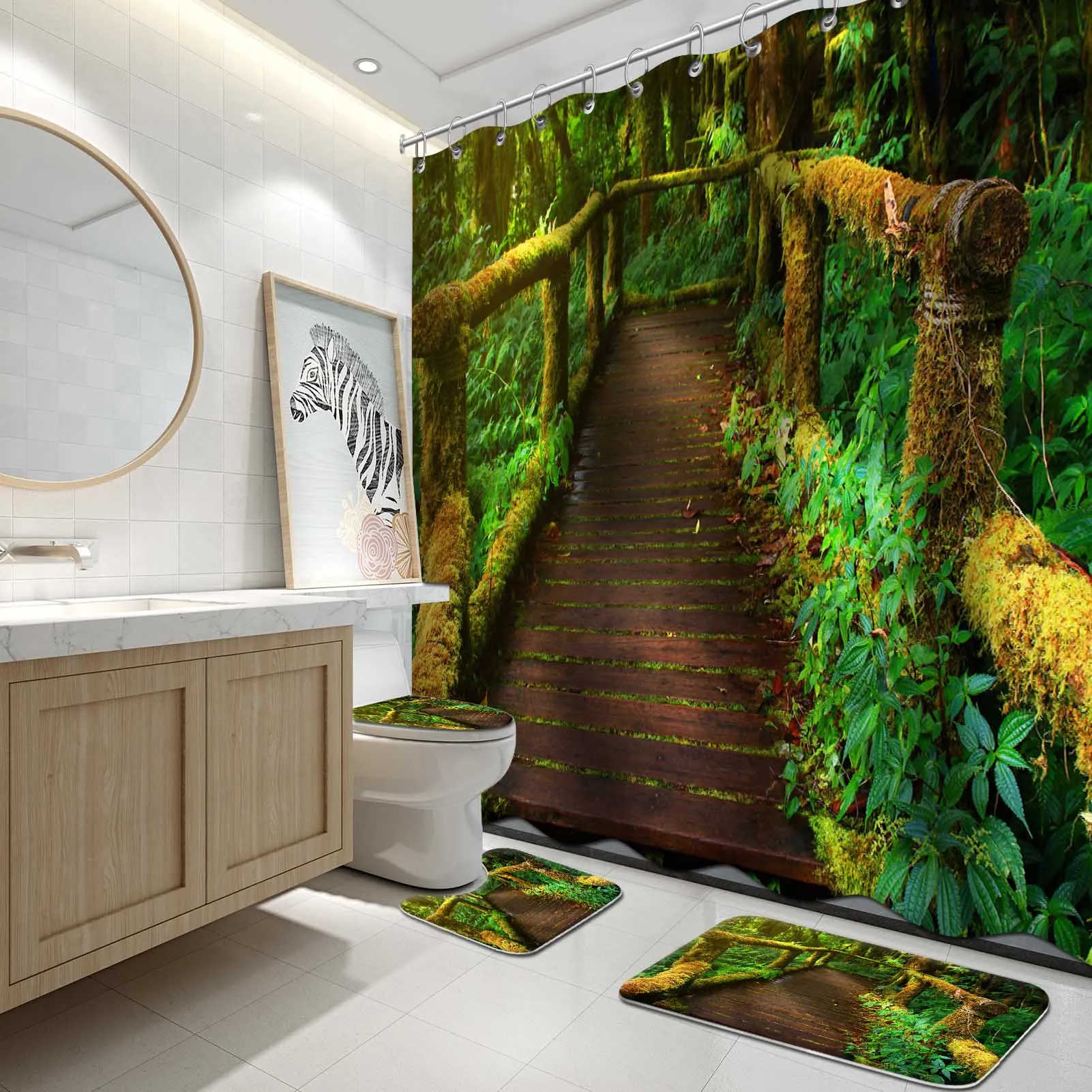 

4Pcs 3D Printing Forest Shower Curtain Set Green Plant Tree Landscape Bath Curtain With Hooks For Bathroom waterproof scenery
