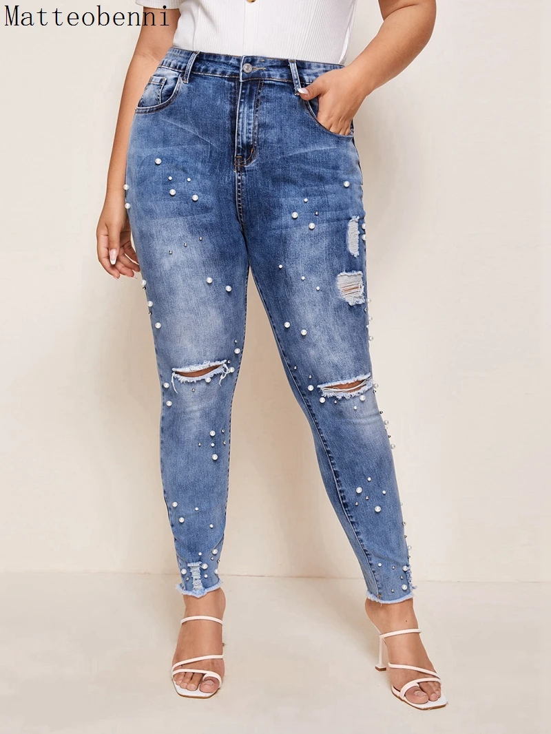 New High Waist Beaded Skinny Jeans Women Vintage Denim Pants Sexy Ripped Pencil Pants Casual Trousers Autumn Mom Jeans