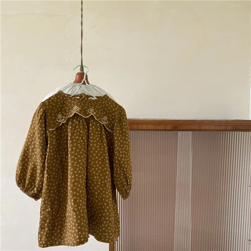 

2021 spring and Autumn New Korean girls retro dress embroidered long sleeved dress korean baby clothes