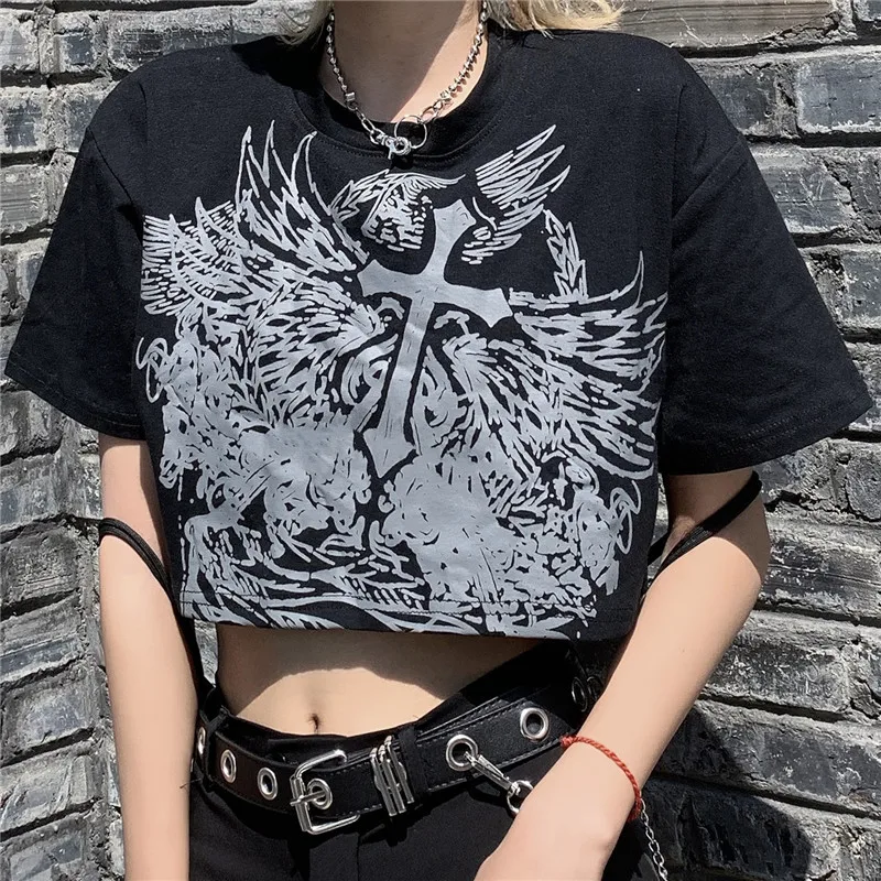

Tumblr Summer Korean Harajuku cartoon streetwear Punk Gothic Tops Ulzzang Oversized vintage cotton casual chic women T-shirt