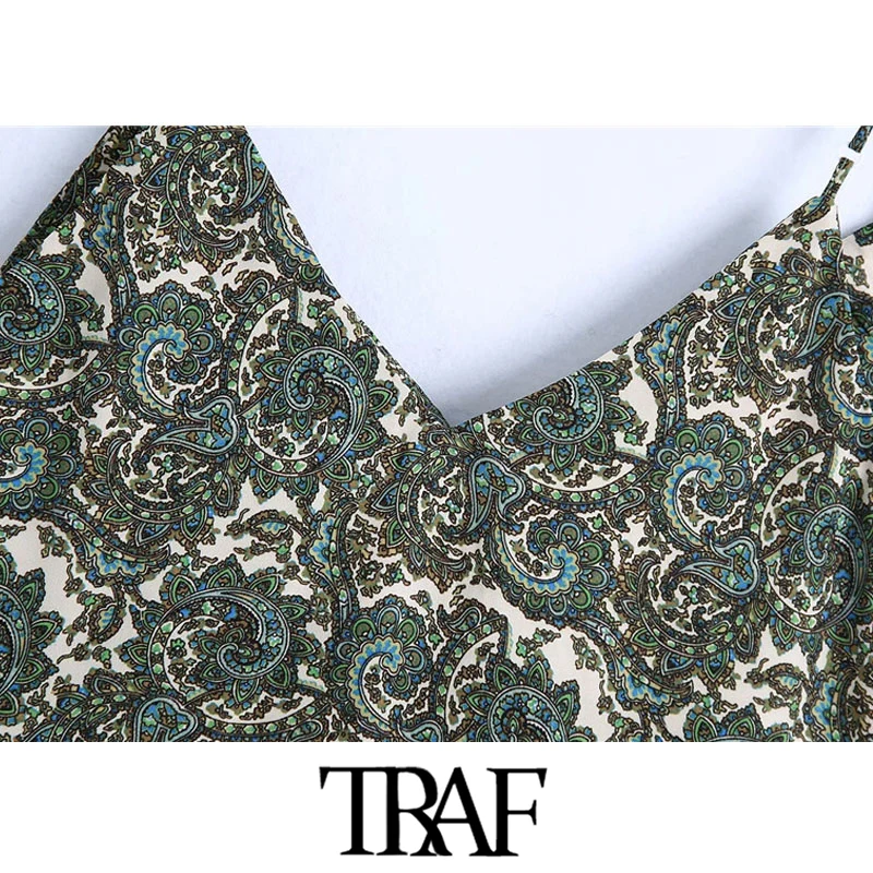 

TRAF Women Chic Fashion With Drawstring Paisley Print Mini Dress Vintage Backless Thin Straps Female Dresses Vestidos