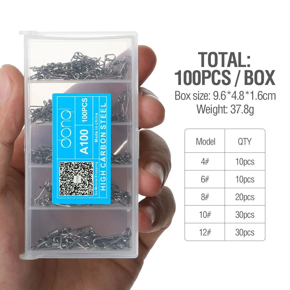 100 pcs with box DONQL 100 шт./компл. рыболовный соединитель баррель Вертлюги защелкивающаяся 4#-12# вращающаяся вертлюга для рыболовного крючка рыболовные Соблазнительные аксессуары - Цвет: 100 pcs with box