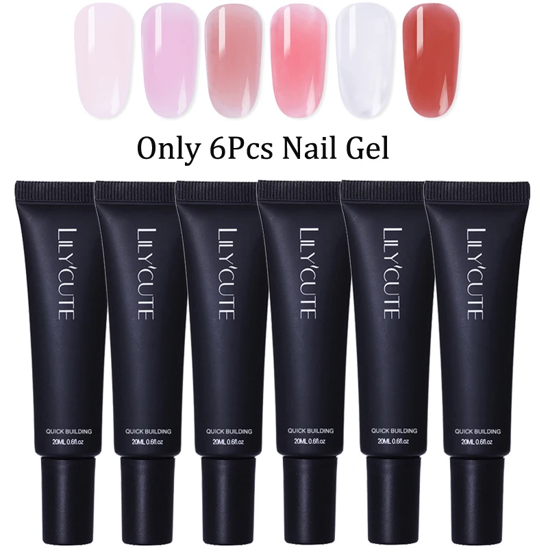 6pcs 01 LILYCUTE 20 мл Быстрый гель продлевающий половой акт поли гель для ногтей розовый белый металл с прозрачными кристаллами светодиодный акриловый строительный УФ-гель набор ногтей лампа набор - Цвет: 6pcs 01