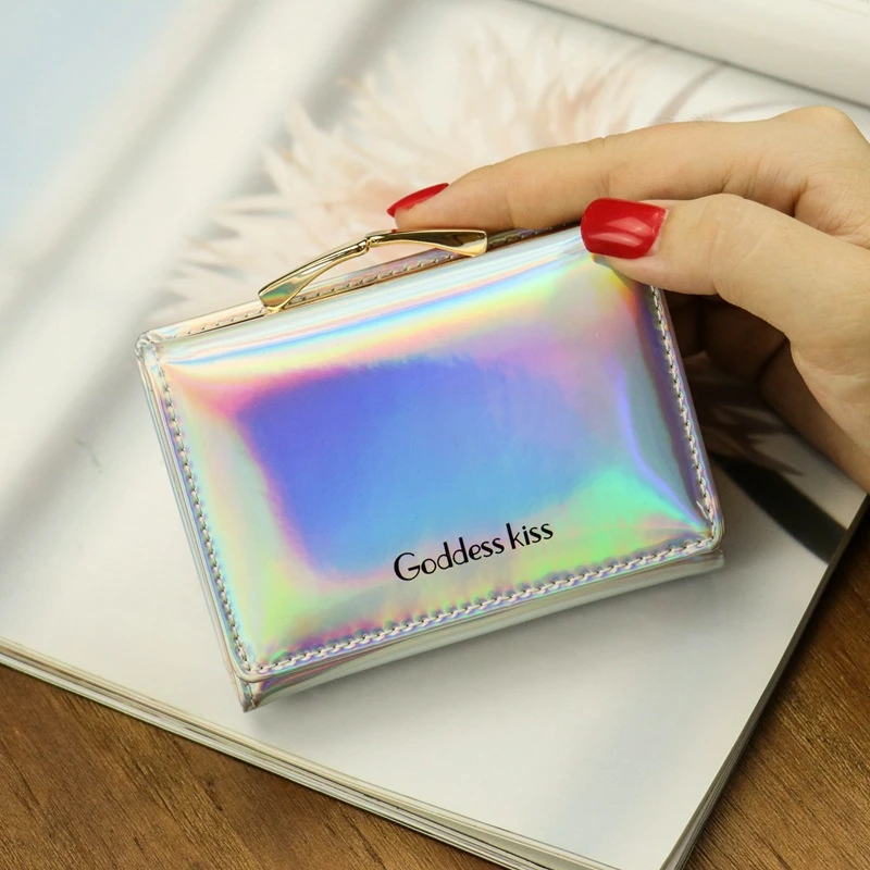 Women Short Small Coin Purse Wallet Ladies Leather Folding Card Holder Laser Colorful Purses 2021 Newest Hot | Багаж и сумки