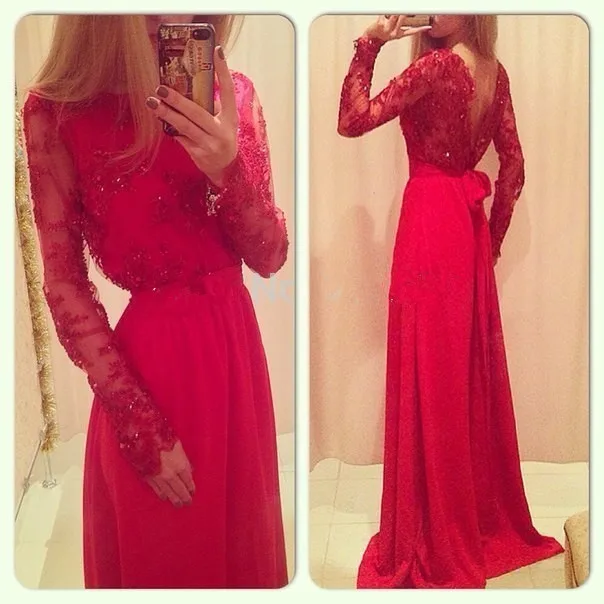 

free shipping Glamorous sexy Backless red lace long Prom party gown 2018 Applique Floor length Long sleeve bridesmaid dresses