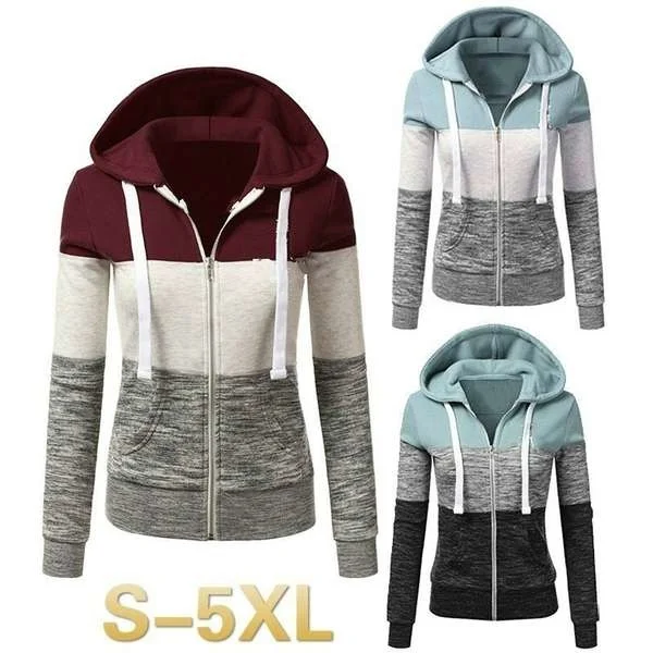 

Women Colorblock Hoodies Autumn Casual Drawstring Zip Up Sweatshirt Fashion Patchwork Hooded Sport Female Hoodie Jacket Tops
