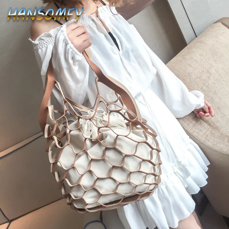 2019 Женская сумка через плечо полая сетчатая сумочка модный шнурок ведро волна