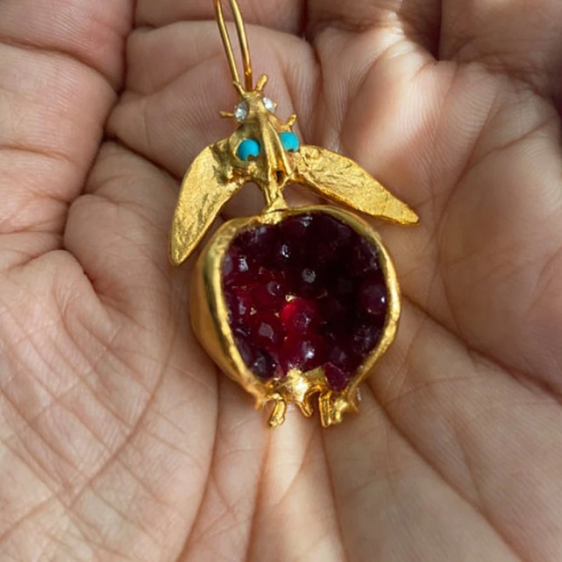 

Vintage Fruit Red Pomegranate Jewelry Set Gemstone Pomegranate Pendant Earrings T4MD