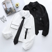 2020 autumn women jk uniform japanese tie long sleeve loose short shirt college casual street pocket white top student blouse