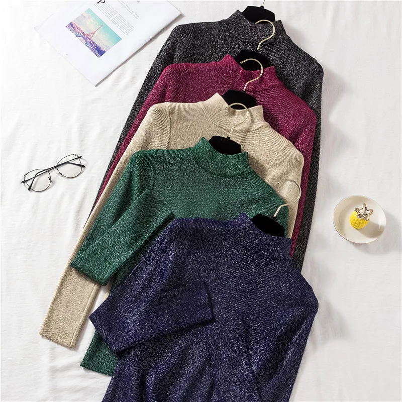 

Half Turtleneck Women Bright Silk Sheath Sweater pull femme 2020 autumn winter sweter jumper female knitted pullover sweater