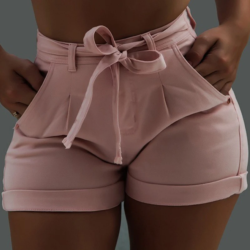 Pink Большие размеры модные сексуальные тонкие джинсы с отворотами шорты для женщин плиссированные чистого цвета Женский Галстук пояс джинсовые шорты Уличная 5XL - Цвет: Pink