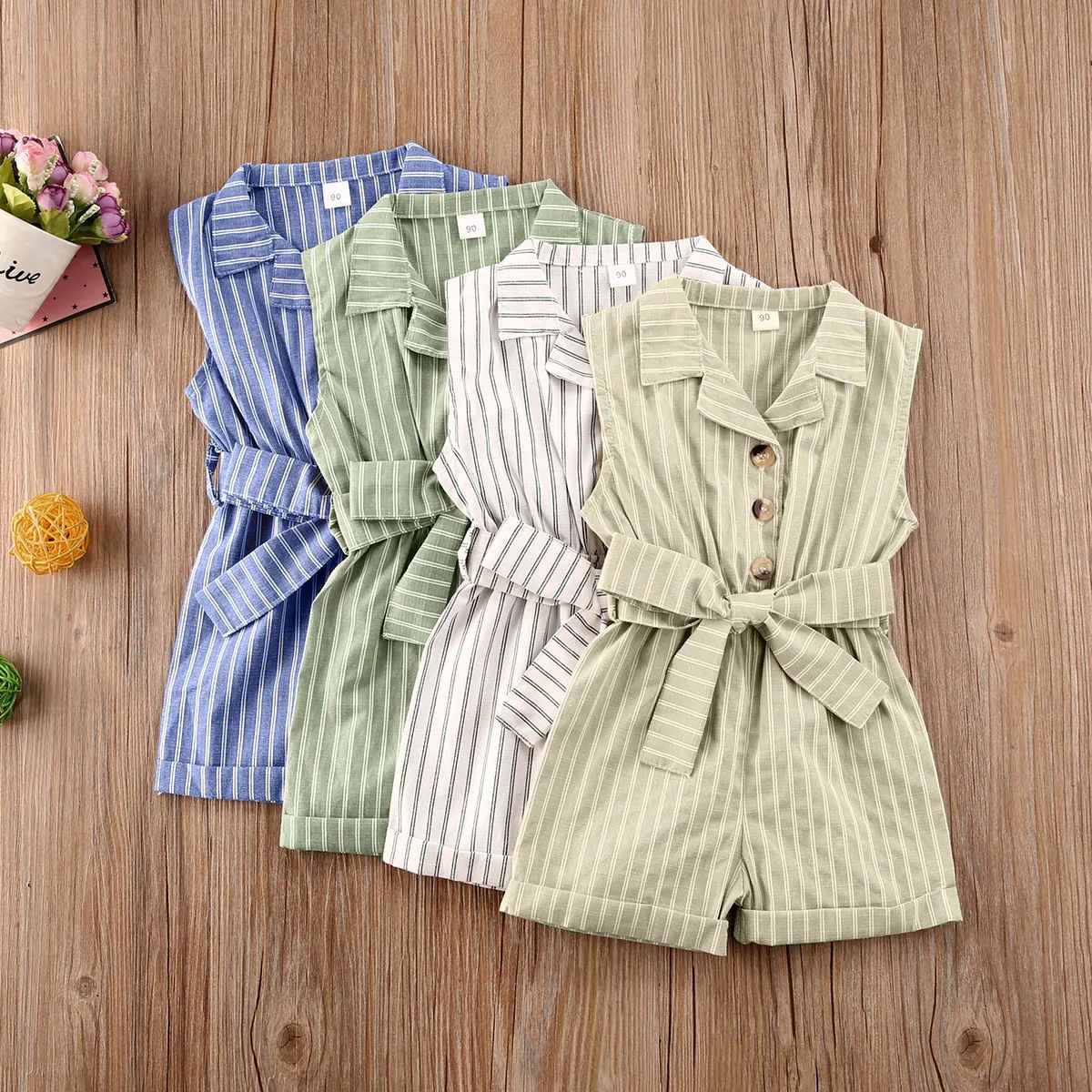 

AA Summer Baby Girls Rompers Playsuit Striped Print Sleeveless Turn Down Collar Button Jumpsuits Toddler Girls Overalls
