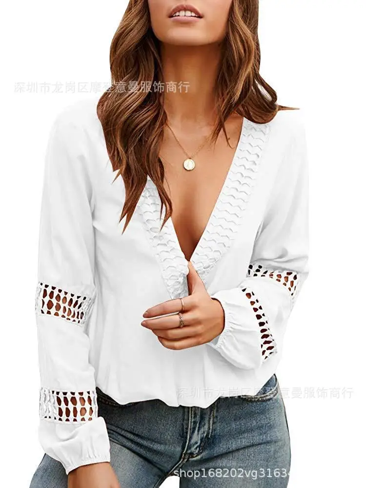 

2021 spring women's European and American lace deep V-neck long-sleeved all-match casual hollow shirt women