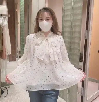 

Sweet Stand Collar Puff Sleeve Chiffon Shirt Autumn Japan Style New All-match Women Blouse Chic Bow Drawstring FS092