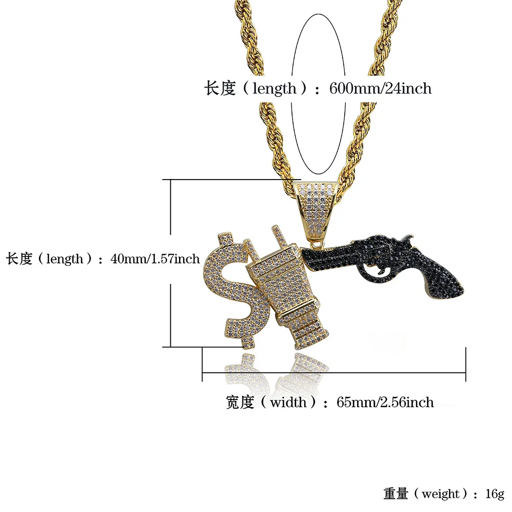 

2020 New Fashion Hip Hop Jewelry Dollar Plug Pistol Combination Pendant Stainless Steel Twist Chain Personalized Jewelry Gift