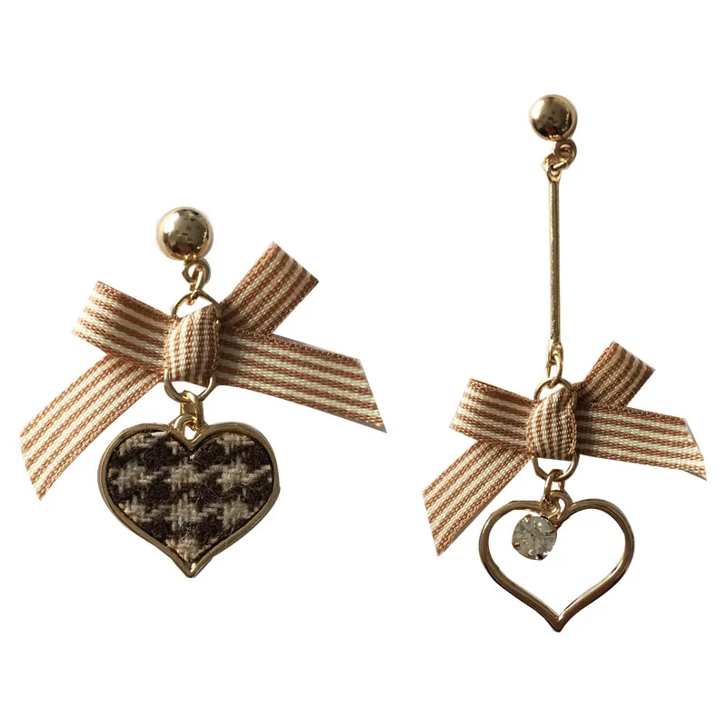 

Fashion Jewelry Heart Earrings 2021 New Sweet Korean Temperament Asymmetrical Cloth Bowknot Love Drop Earrings For Girl Gifts