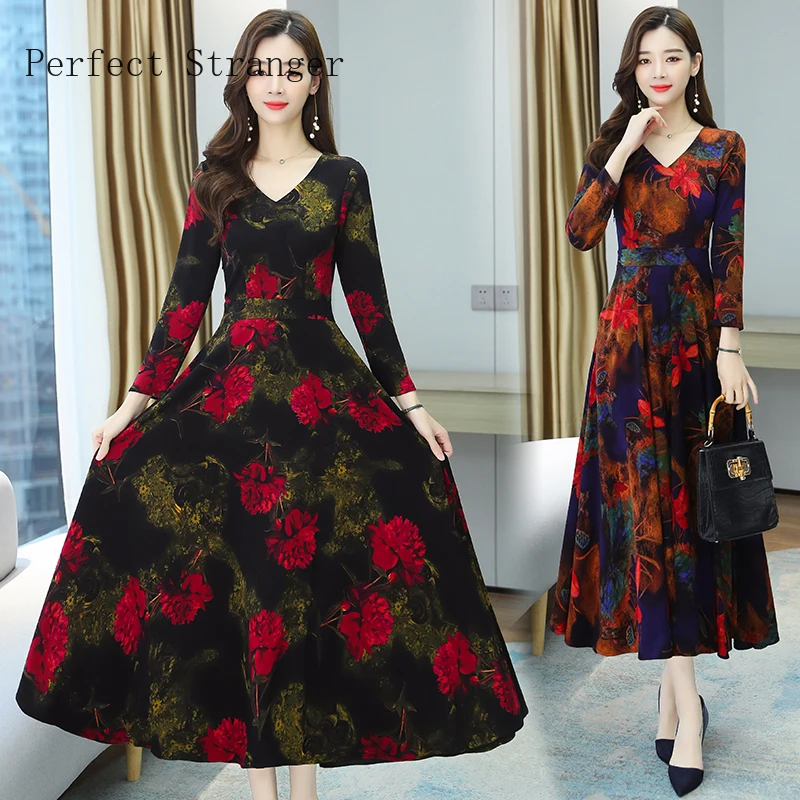 

2020 Autumn Winter New Arrival High Quality Plus SizeS-3XL V Collar Flower Printed Women Long Dress