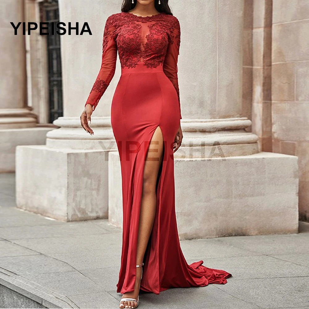

Backless Red Front High Side Slit Evening Dresses Mermaid Floor Length Applique Long Sleeved Prom Party Gown robes de soirée