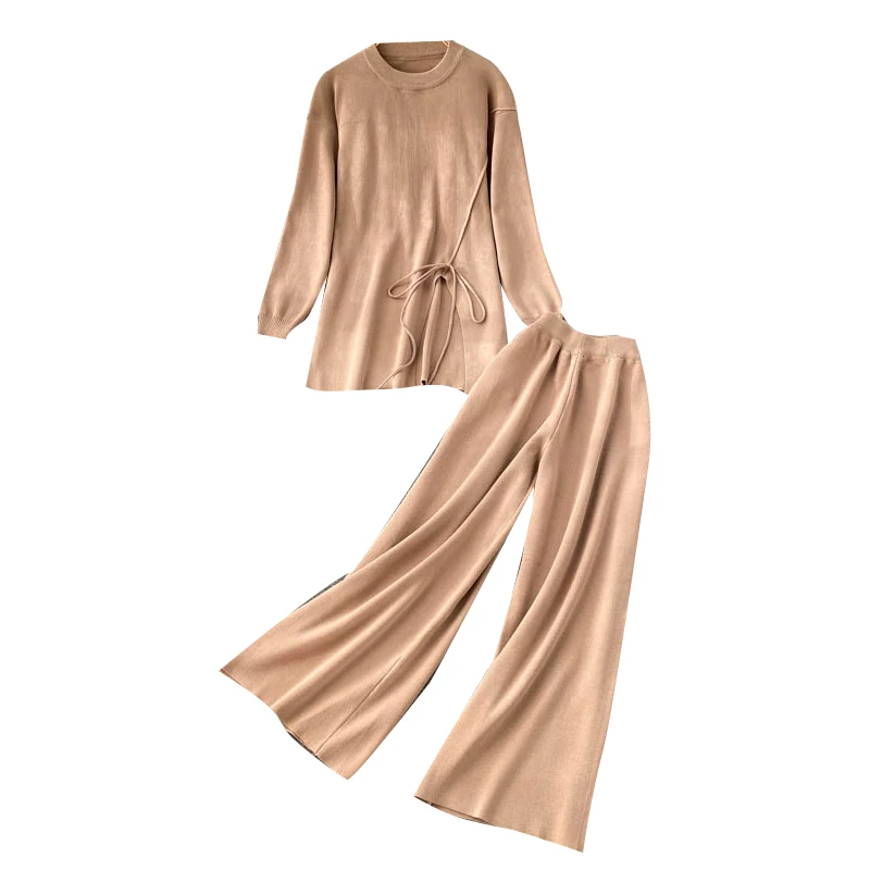 

Women Autumn Korean Knitted Set O Neck Long Sleeve Loose Split Tops+High Waist Casual Wide Leg Pants Two Pieces Suits