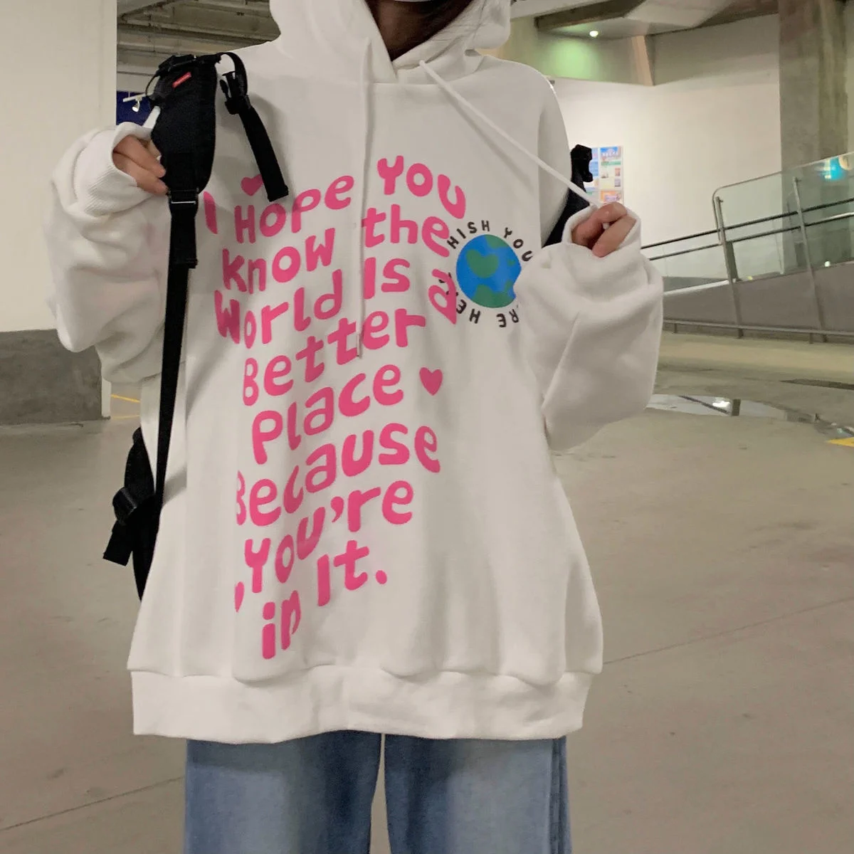 

Hoodies Women's Thickened Velvet Letter Print White Top Warm Casual Vintage Hoodies Female Korean Sweatshirt