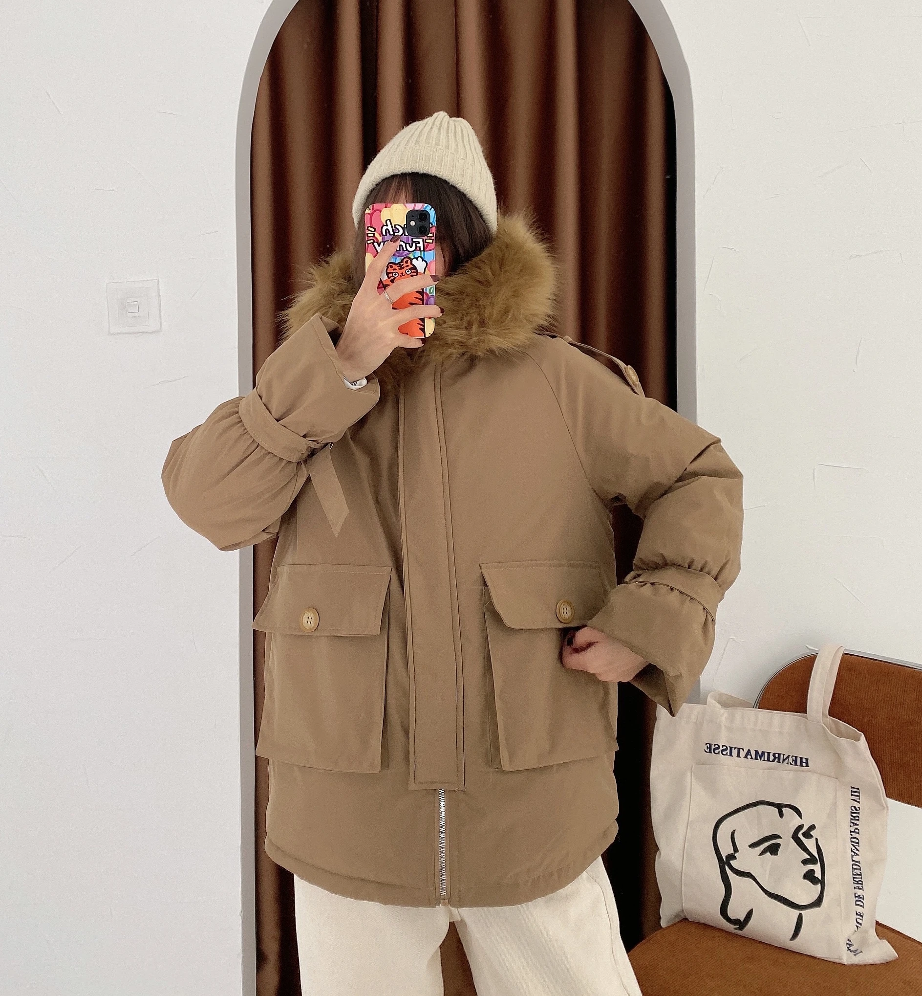 

2021 Winter Padded Jacket Women Za Brown Thick Wool Tie Hat Down Jacket Fashion Pocket Lantern Sleeve Warm Padded Jacket
