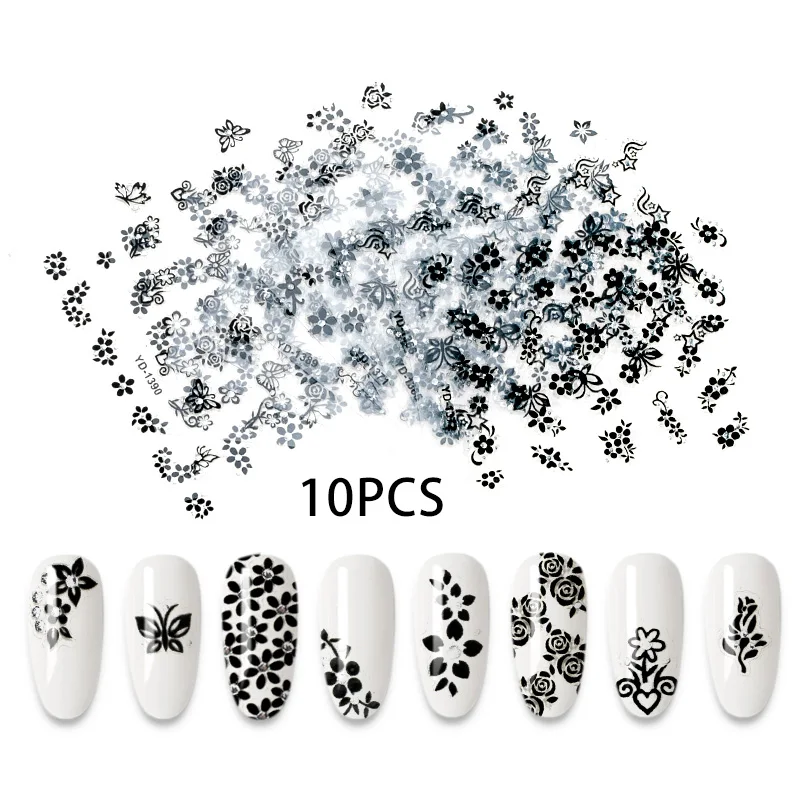 

10sheets Water Nail Stickers Black Flower Butterfly Hollow Nail Art Designs Stickers For Nails Decals Diy Manicure Decora