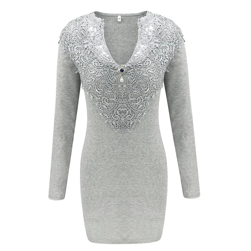 

Office Ladies Elegant Grey Color Lace Stitching Long Sleeve V Neck Slim Women Sexy Autumn Vingtage Dress Party Club Wear Dress