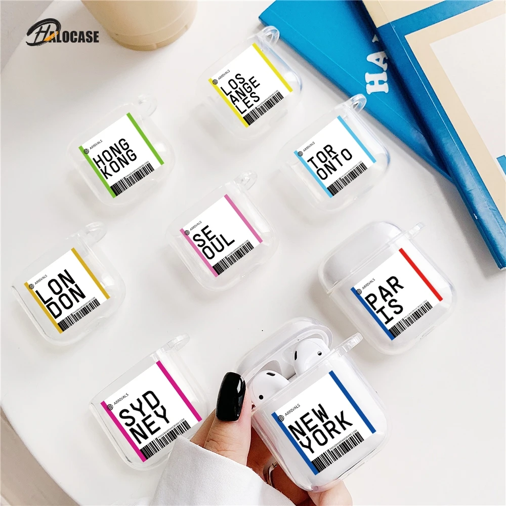 

Luxury Air tickets Bluetooth Headset case for Airpods 2 1 INS Label Bar code US City letter Earphone Clear Soft TPU Cover coque