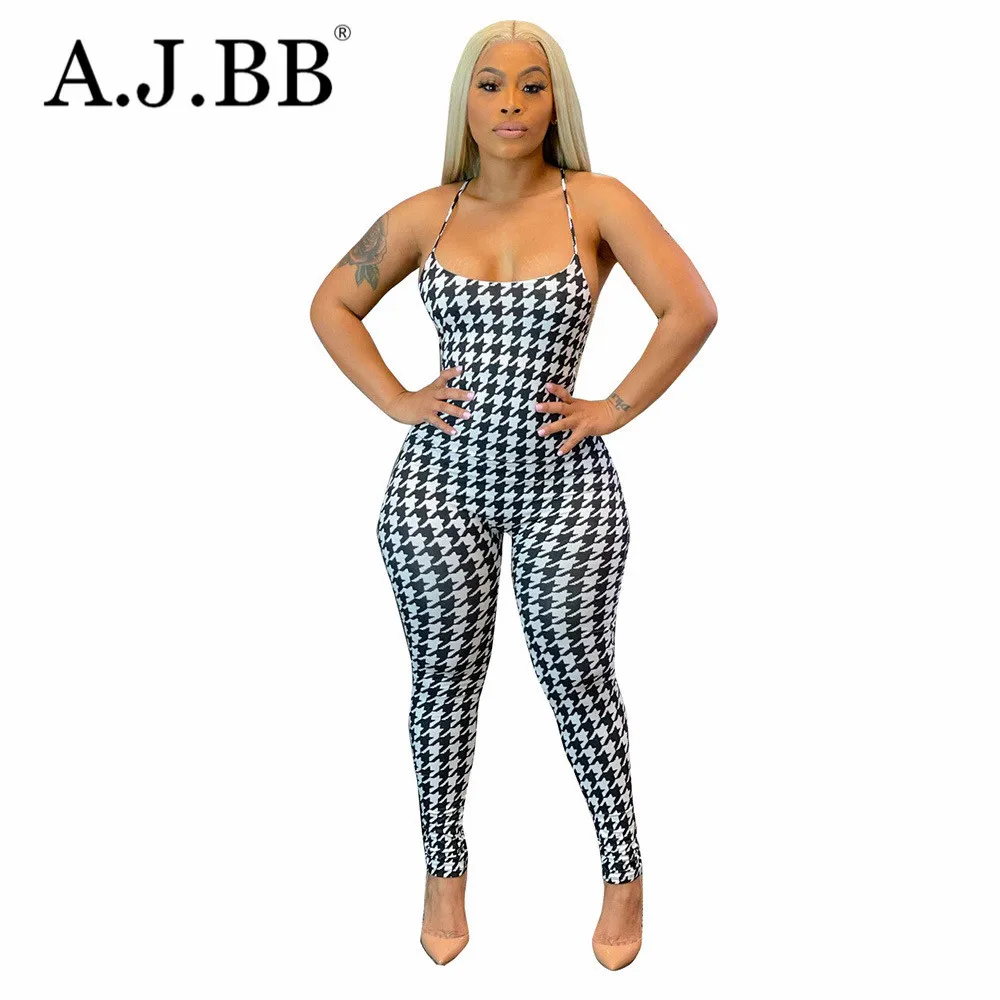 

2021 summer new casual Plaid print slim Jumpsuit fashion U-neck sleeveless women's suspender vest pants