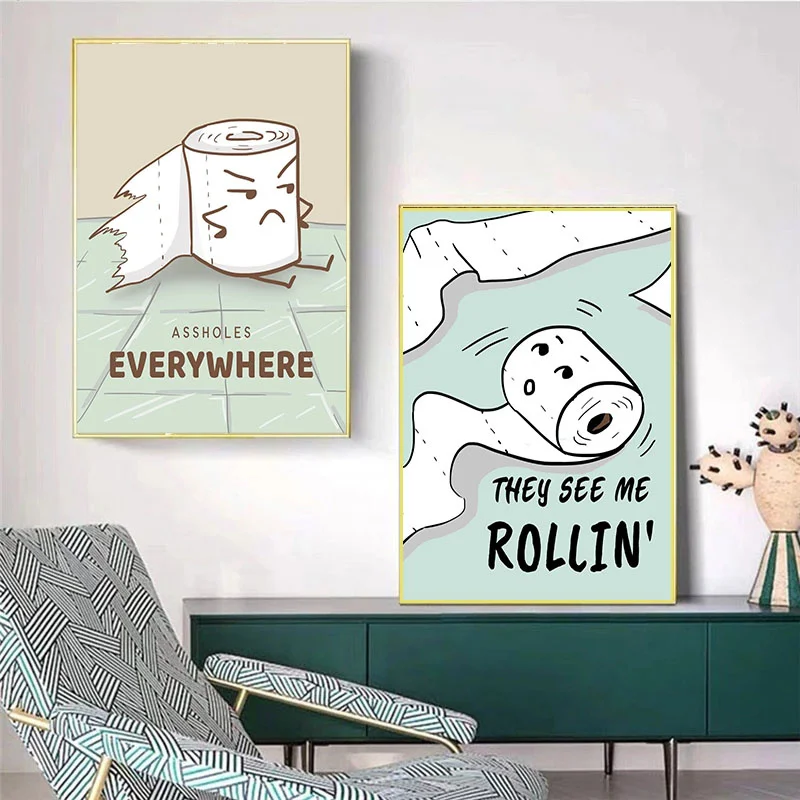 

Funny Art Toilet Paper Everywhere Canvas Painting Cartoon Roll Paper Bathroom Posters and Prints Nordic Wall Decorative Pictures