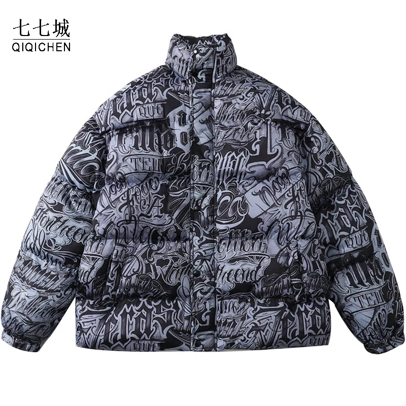 

Winter Jacket Men Padded Parka Vintage Letters Graffiti Print Thick Coat Punk Streetwear Warm Coat Unisex Loose Outwear Zipper