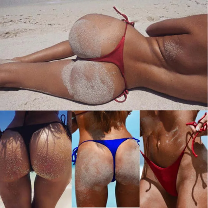 

2020 Sexy Women Thong Tie Side Bikini Bottom Thong Panties Bathing Beach Short Swimsuit Swimwear Solid Beachwear Size S M L XL