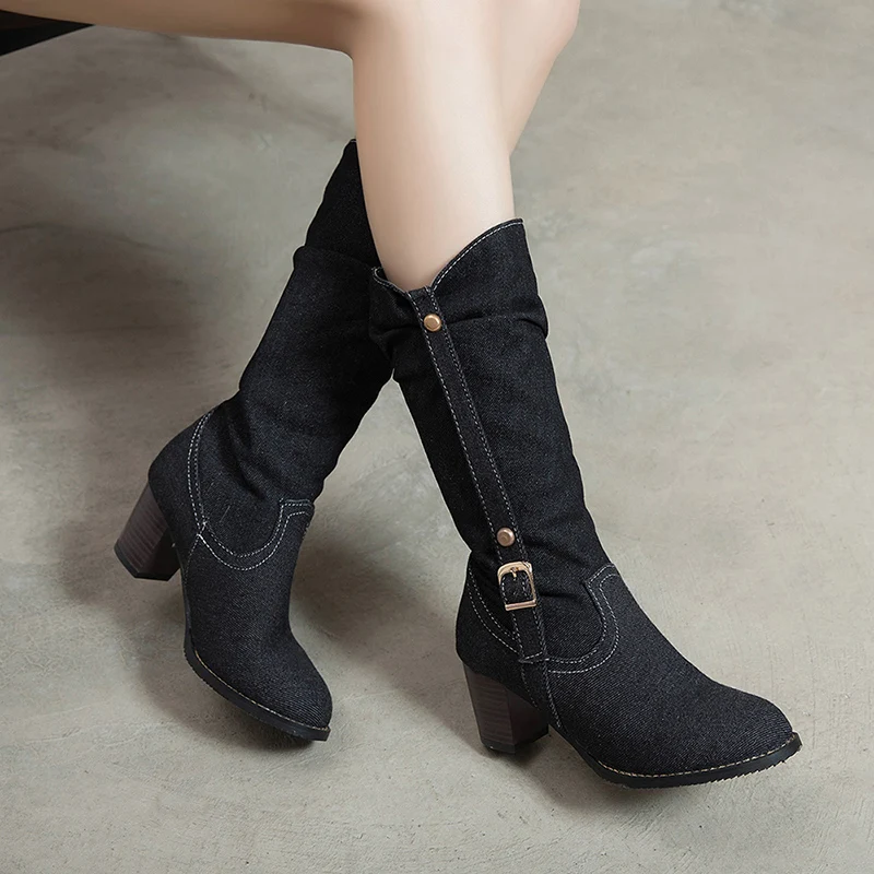 

2021 Sexy Jean Boots Women's Long Tube Short Boot Winter High Heel Denim Boot Lady Stylish Jeans Boots Buckle Strap Shoes Cowboy