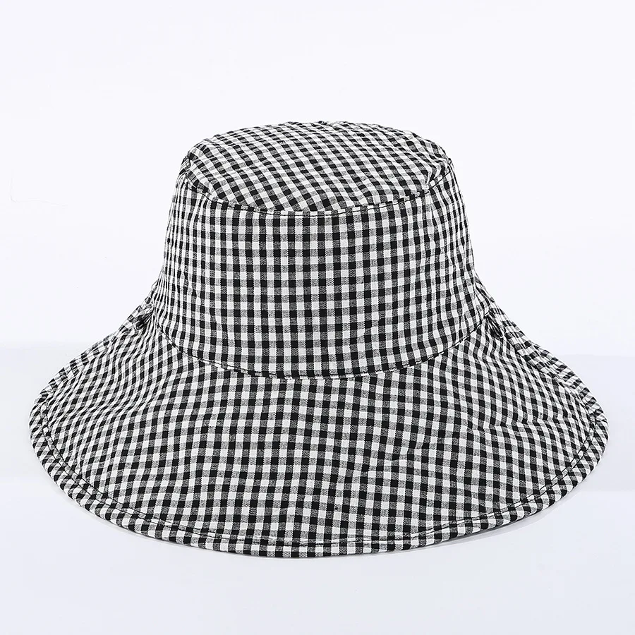 

Japanese literary small lattice double-sided fisherman hat Women's Summer New Cotton Foldable Fisherman's Hat