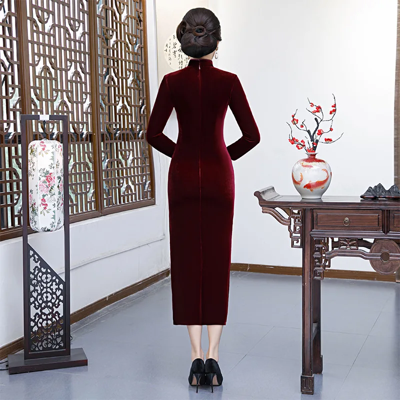 Бархат Китайский стиль сексуальная леди Qipao вышивка элегантный тонкий