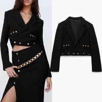 traf za 2021 black tweed suit female skirt autumn cropped blazer set woman skirt 2 piece chic double breasted office busines set