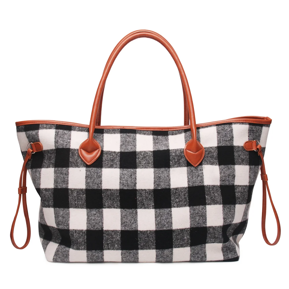 

Buffalo Plaid Tote Tweed Black White Check Weekender Purse DOM113377 Red Plaid Tote Bag With PU Handle