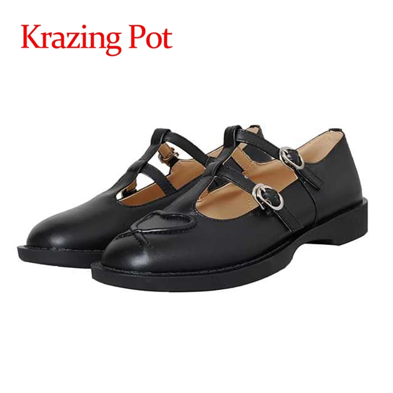 

Krazing Pot genuine leather round toe low heel special design fashionable preppy style young lady buckle strap women pumps L06