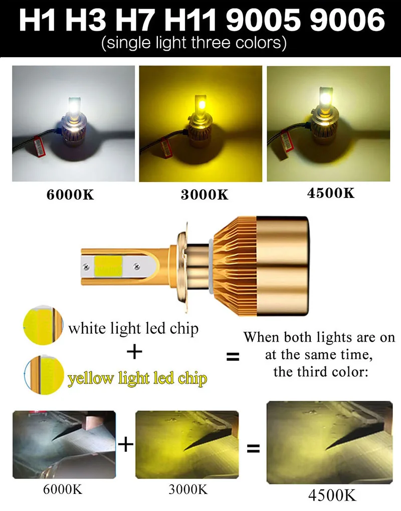 2 шт. Трехцветная автомобильная лампа H4 LED H7 H1 D2S H11 9006 HB4 881 12 В Автомобильная фара