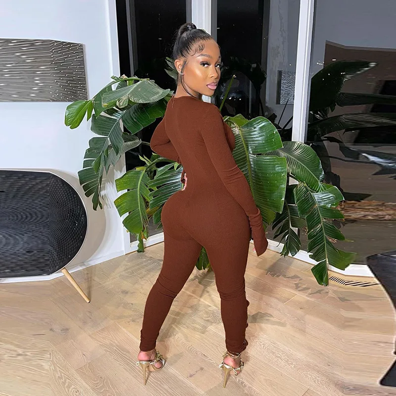2021 Ribbed Chain Hollow Out Side Criss-Cross  Jumpsuit Women Solid Flared Sleeve Skinny Slim Night Club Party One Piece Overall