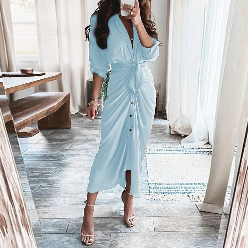 

Summer Elegant V-Neck Print Loose Boho Dress Women Sexy Pleated Split Party Dress Nice Ladies Long Sleeve Tie-Up Belt Dress
