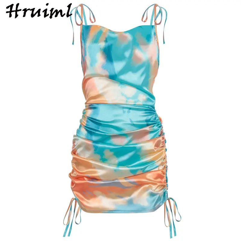 

Dress Summer Holiday V Neck Mini Printing Elegant Beach Woman Dress Skinny Backless Sexy Night Club Sling Ruched Dresses Strappy