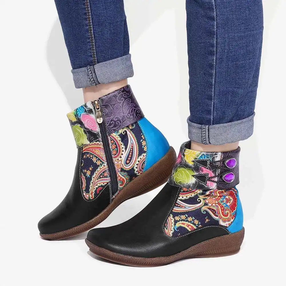 SOCOFY botas mujer; удобные черные ботильоны из натуральной кожи на плоской подошве в стиле ретро с рисунком розы; женская обувь на каблуке; вечерние зимние ботинки; коллекция года